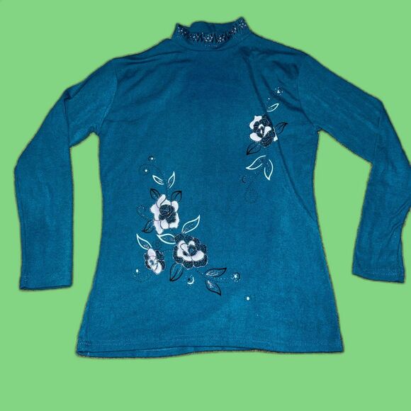 Size Medium Unbranded Long Sleeve 90s Style Mini Turtle Neck w/ Glitter Flowers - Picture 1 of 3